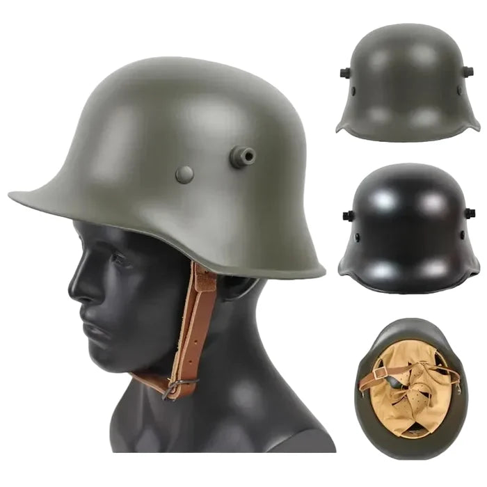 Authentic WW2 German M18 steel helmet replica with leather strap
