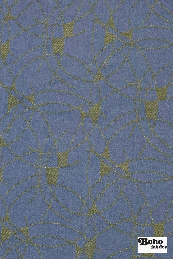 Blue & Gold Abstract Arcs Jacquard Woven Fabric - Boho Fabrics - Jacquard, Woven