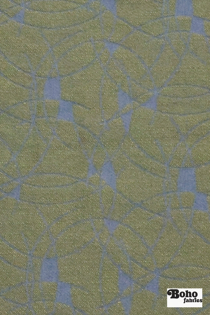 Blue & Gold Abstract Arcs Jacquard Woven Fabric - Boho Fabrics - Jacquard, Woven