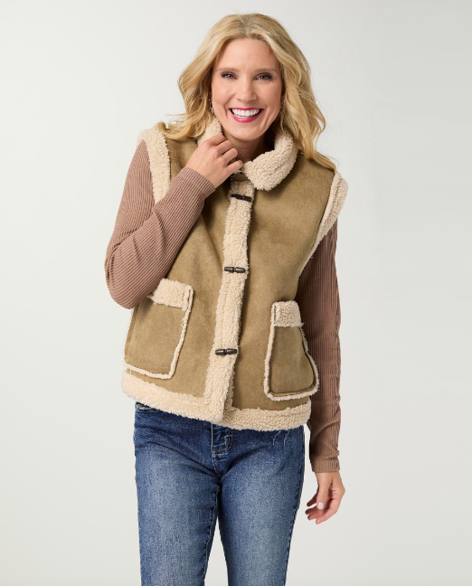 Castello Faux Suede Vest with Sherpa Trim
