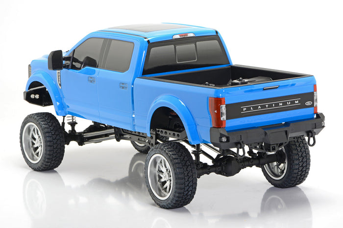 CD0910 Ford F-250 clear body set finished application reference - Daytona Blue rear three-quarter view