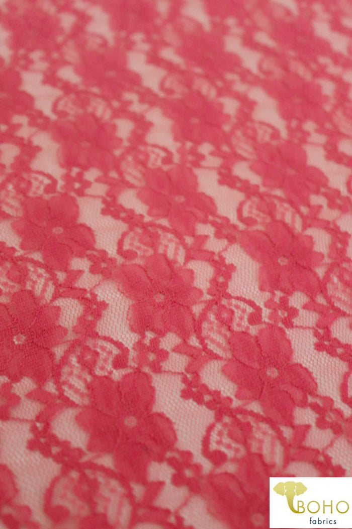 "Chain Flowers" in Flamingo. Stretch Lace. SL-109-PNK. - Boho Fabrics