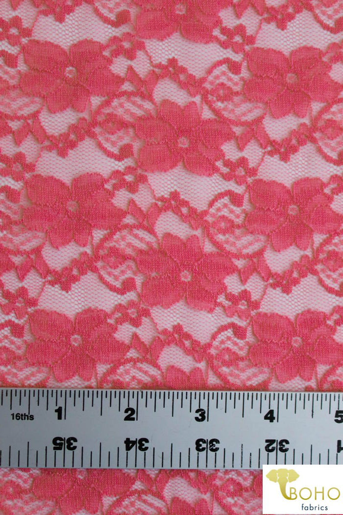 "Chain Flowers" in Flamingo. Stretch Lace. SL-109-PNK. - Boho Fabrics