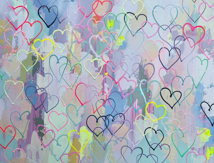 The original heart themed wallpaper design that started as an acrylic painting with alcohol ink. This features numerous shades of pinks, blues, reds, and greens.