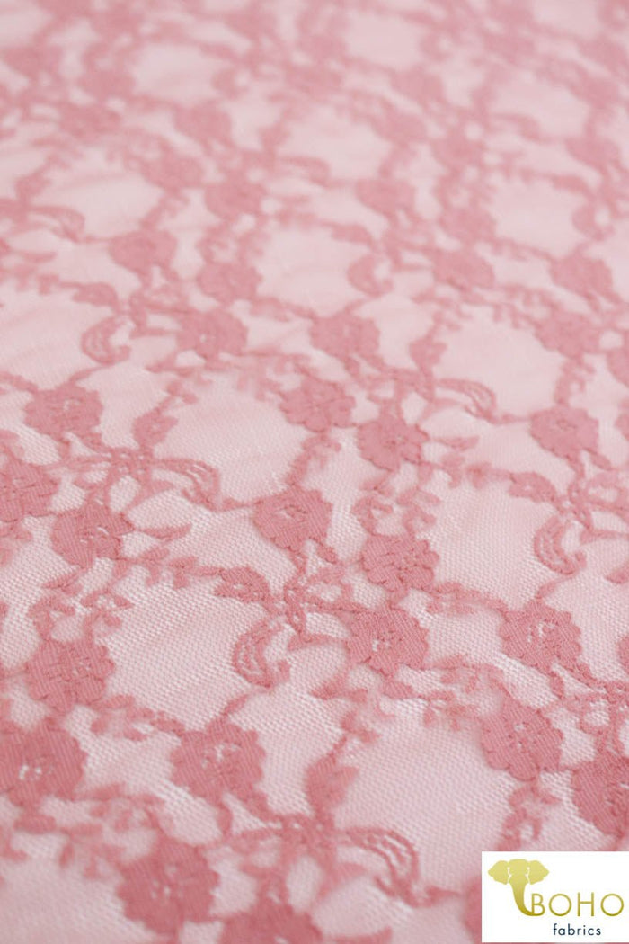 "Diamond Flowers" in Mauve. Stretch Lace. SL-110-MVE. - Boho Fabrics