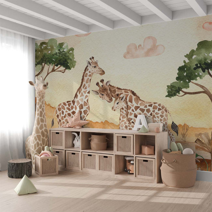 Fabulous Giraffe Family Sunset Wallpaper Mural