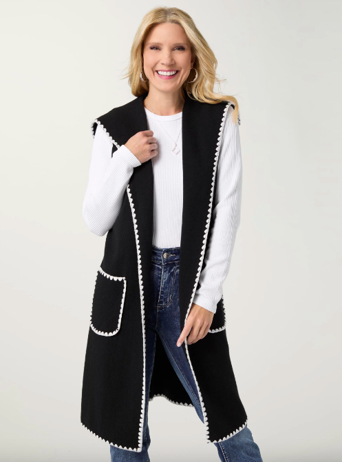Heavenly-Luxe Long Vest with Contrast Trim