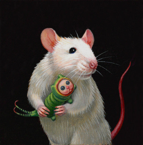 Lady Mouse with her Puss Moth Caterpillar by artist Olga Ponomarenko