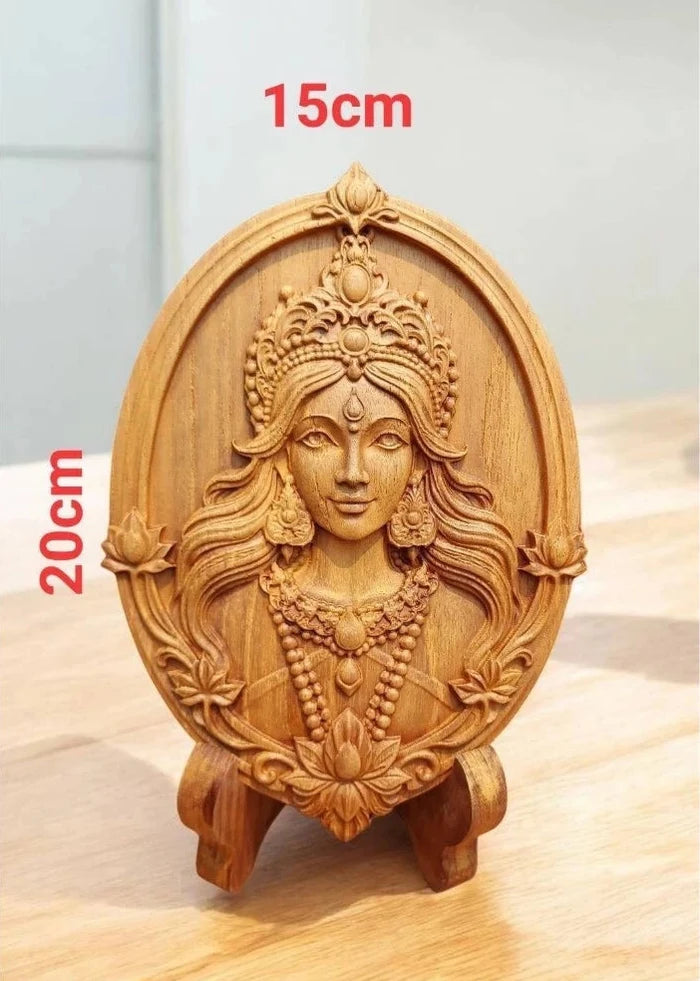 Handcrafted Lakshmi god of wealth statue in golden teak