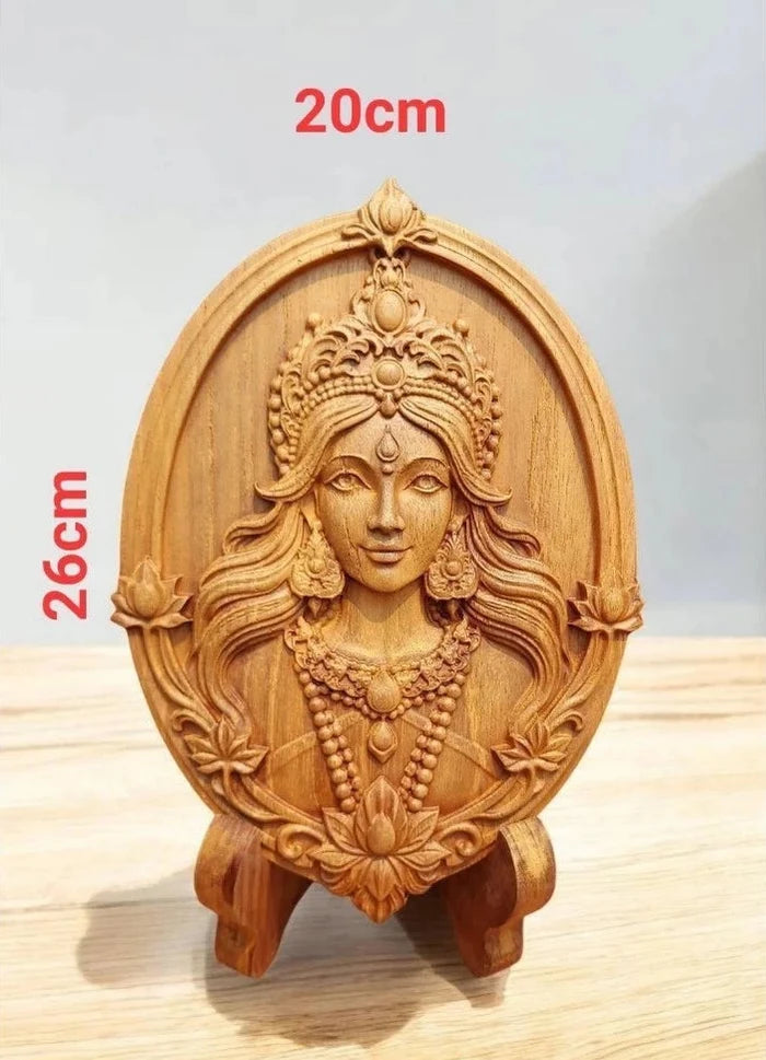 Handcrafted Lakshmi god of wealth statue in golden teak