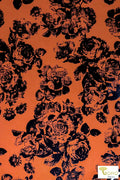 Magnolias on Copper Orange, Velvet Flocked Scuba Knit. SCU-116 - Boho Fabrics