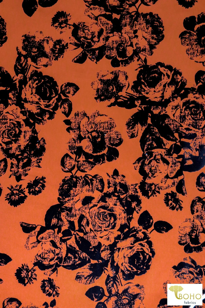 Magnolias on Copper Orange, Velvet Flocked Scuba Knit. SCU-116 - Boho Fabrics