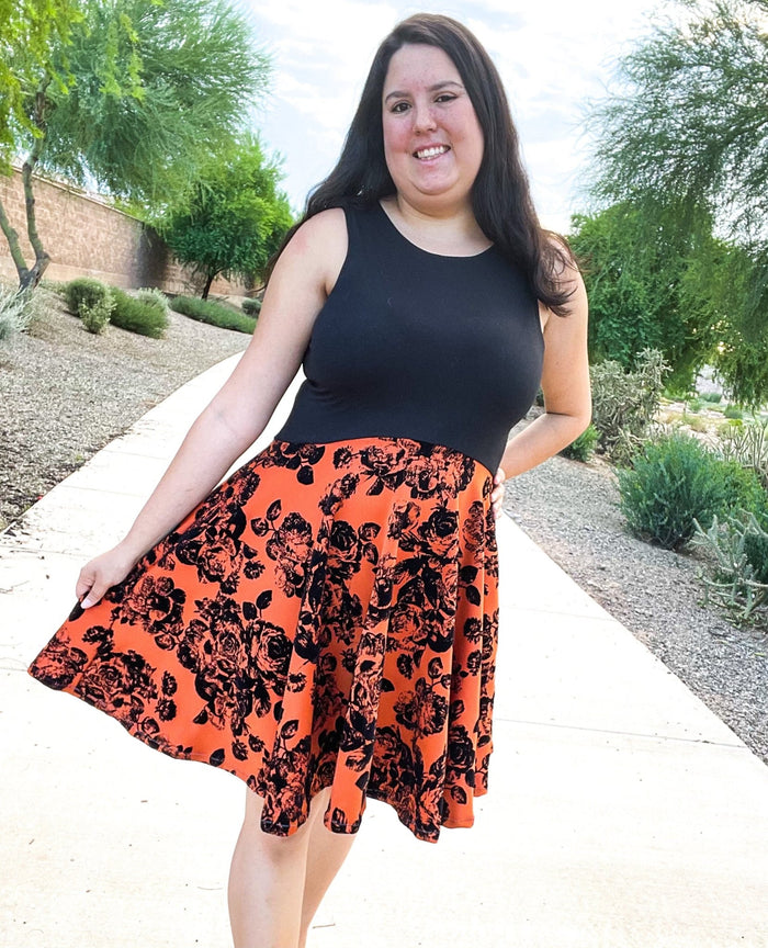 Magnolias on Copper Orange, Velvet Flocked Scuba Knit. SCU-116 - Boho Fabrics