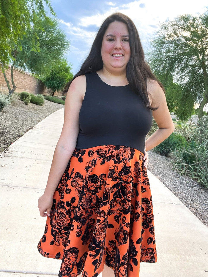 Magnolias on Copper Orange, Velvet Flocked Scuba Knit. SCU-116 - Boho Fabrics