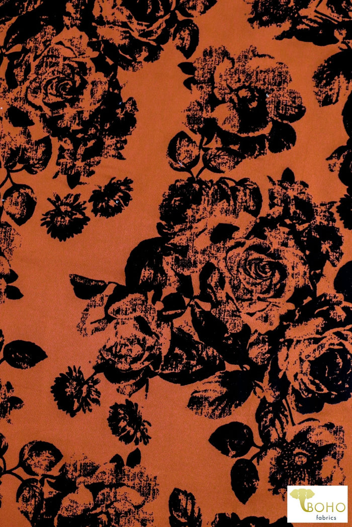 Magnolias on Copper Orange, Velvet Flocked Scuba Knit. SCU-116 - Boho Fabrics