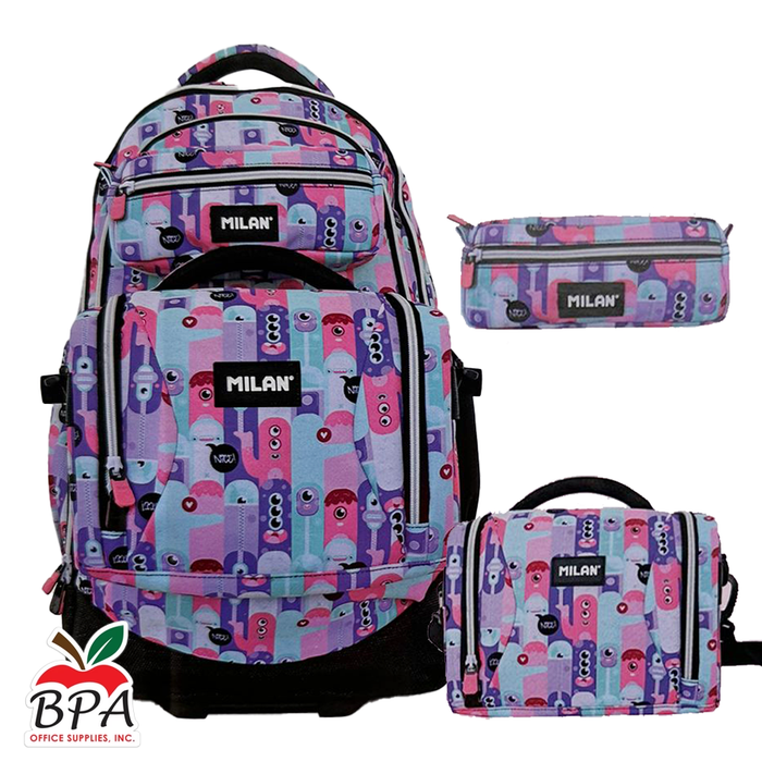 Milan • Set de Mochila con ruedas, lonchera y cartuchera "Aliens Pink"