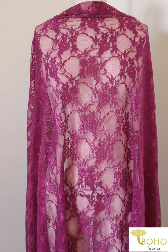 Petite Floral Stretch Lace in Magenta. SL-108-MGNT. - Boho Fabrics