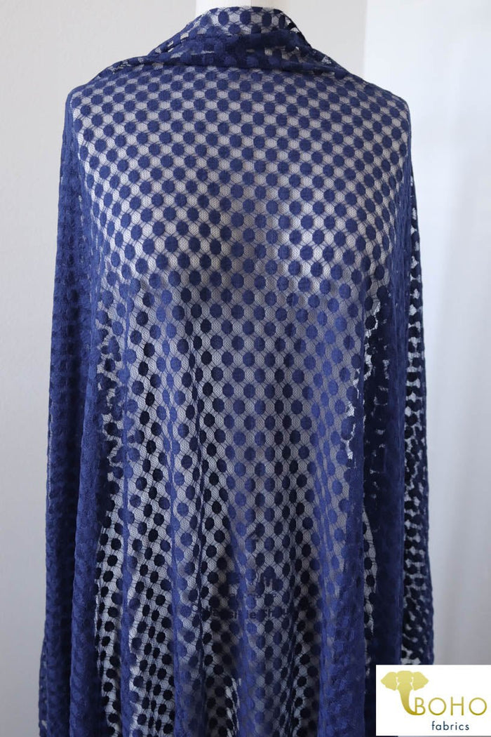 Polka Dot in Royal Blue Navy. Stretch Lace. SL-107-BLU. - Boho Fabrics
