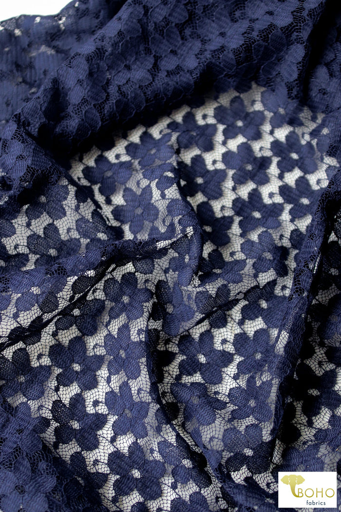 Pretty Little Daisies in Blue Stretch Lace - Boho Fabrics