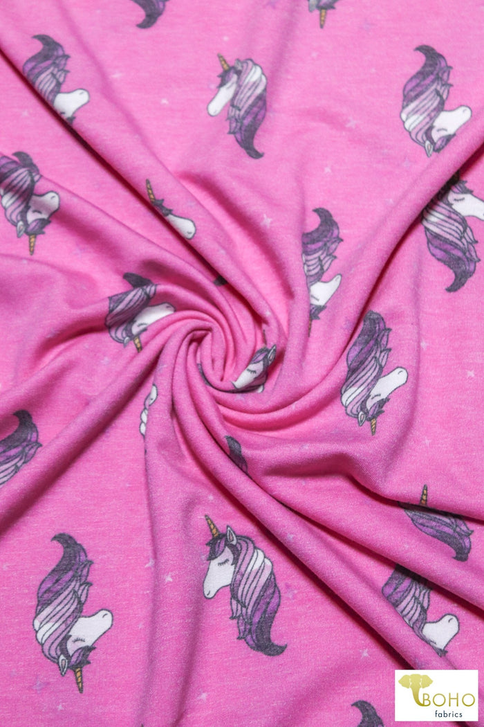Purple Unicorns on Pink, French Terry Knit Print FTP-325-PNK - Boho Fabrics