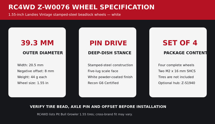 RC4WD Z-W0076 wheel dimensions, pin drive, offset and package-content guide