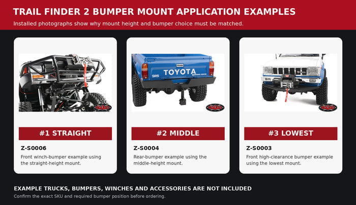 Trail Finder 2 bumper mount application examples; vehicles and accessories not included