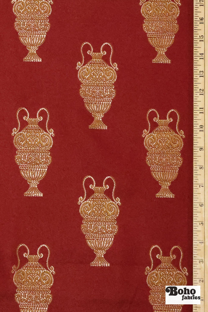 Red & Gold Antique Vase Jacquard Woven Fabric - Boho Fabrics - Jacquard, Woven