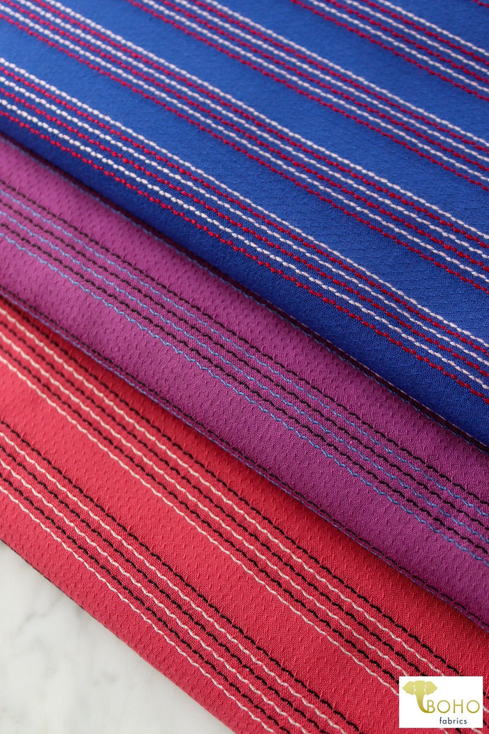 Red Pacific Coast Highway Stripes. Embroidered Stripes on Red Woven Fabric. WVS-308-RED - Boho Fabrics