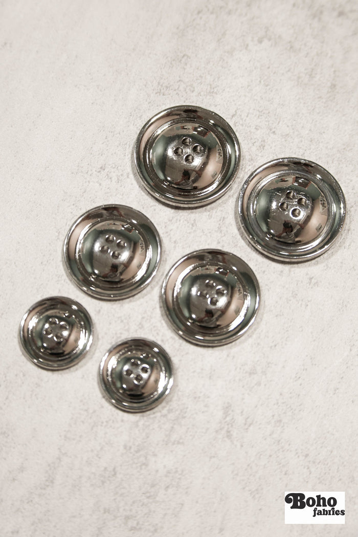 Silver, 4 Hole Plastic Buttons. 28L (18mm/11/16"), 36L (23mm/7/8"), 48L (30mm/ 1 1/4"), 54L (34mm/ 1 3/8") - Boho Fabrics - Buttons & Snaps