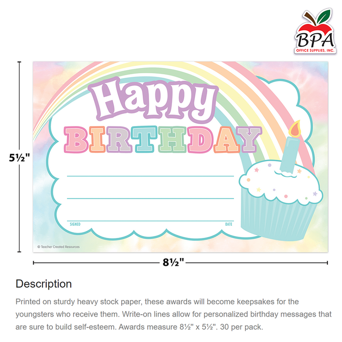 Teacher Created Resources • Certificados "Pastel Pop - Happy Birthday"