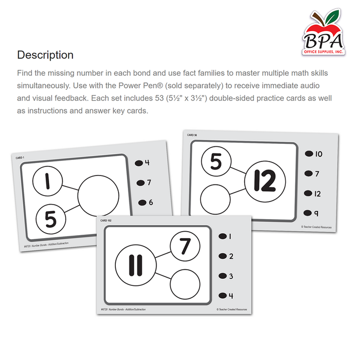 Teacher Created Resources • Power Pen Learning Cards: Number Bonds - Addition & Subtraction