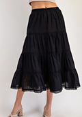 Tiered Lace Trim Midi Skirt