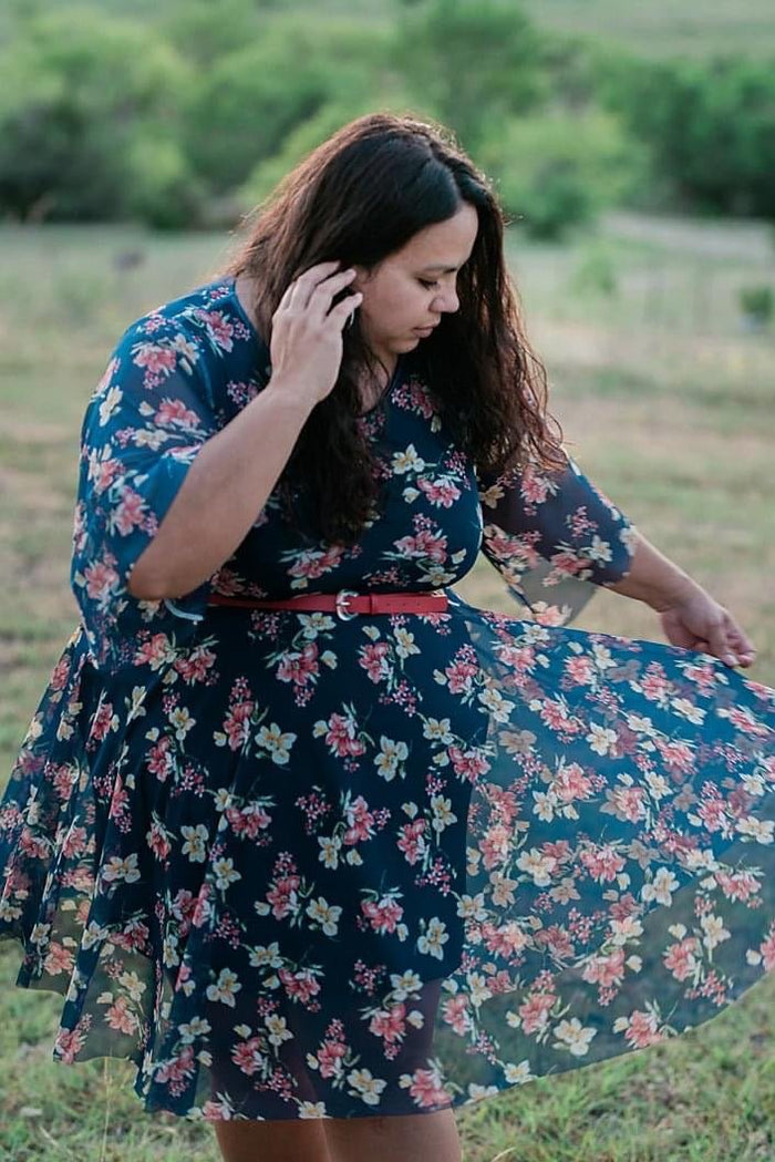 Yellow Island Florals on Blue. Stretch Mesh Print. - Boho Fabrics
